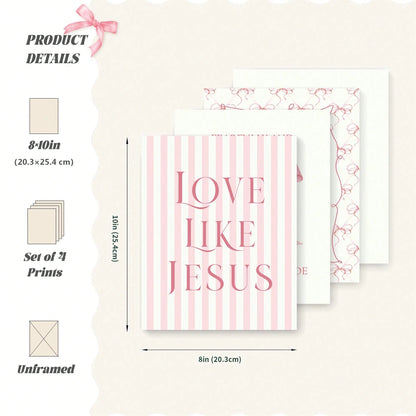 4-Piece Pink Bow Christian Room Bedroom Bathroom Dorm Wall Art Decor Aesthetic For Nursery Decor Watercolor Art Canvas Print Decorative Poster Suitable For Girl Bedrooms Living Rooms College Apartment