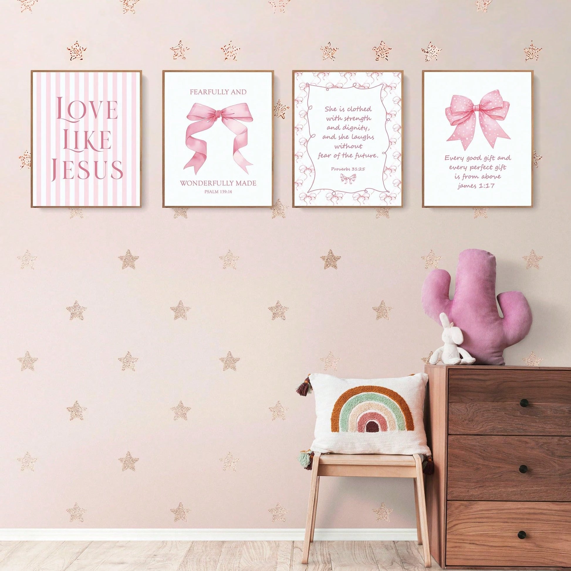 4-Piece Pink Bow Christian Room Bedroom Bathroom Dorm Wall Art Decor Aesthetic For Nursery Decor Watercolor Art Canvas Print Decorative Poster Suitable For Girl Bedrooms Living Rooms College Apartment