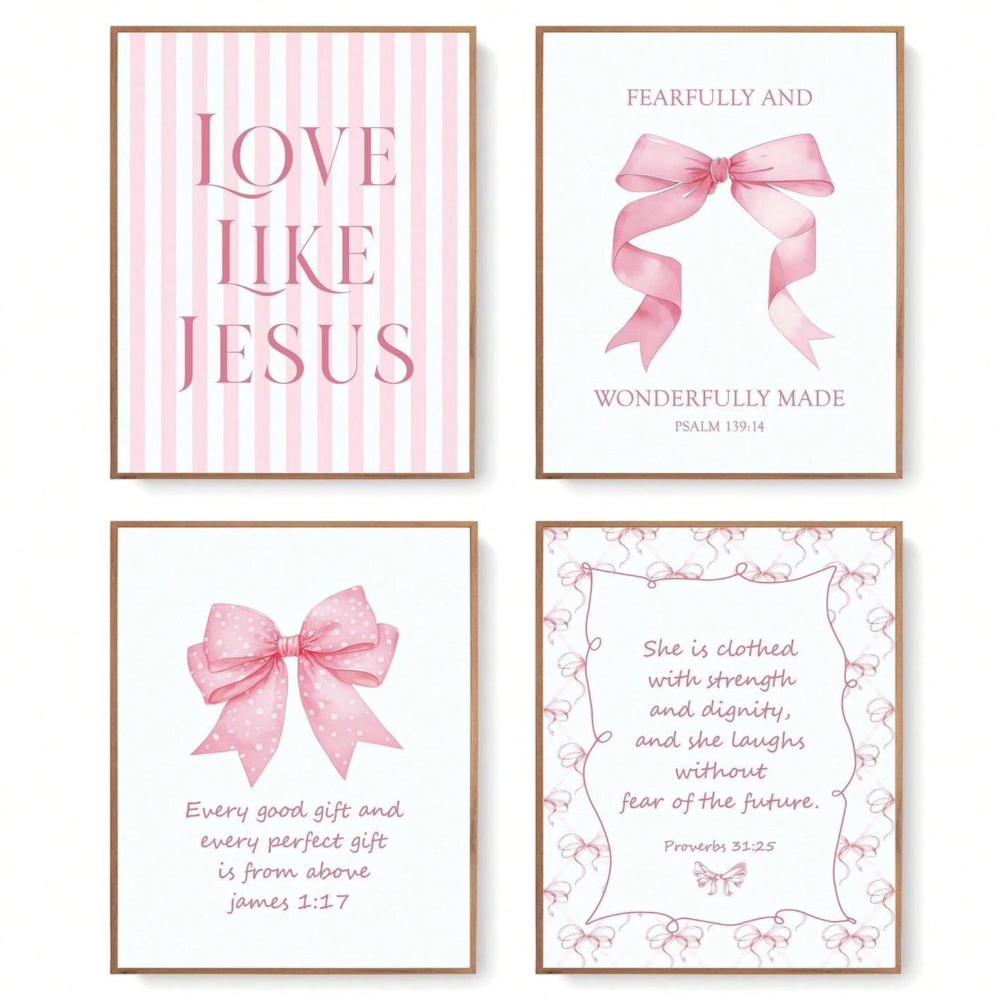 4-Piece Pink Bow Christian Room Bedroom Bathroom Dorm Wall Art Decor Aesthetic For Nursery Decor Watercolor Art Canvas Print Decorative Poster Suitable For Girl Bedrooms Living Rooms College Apartment