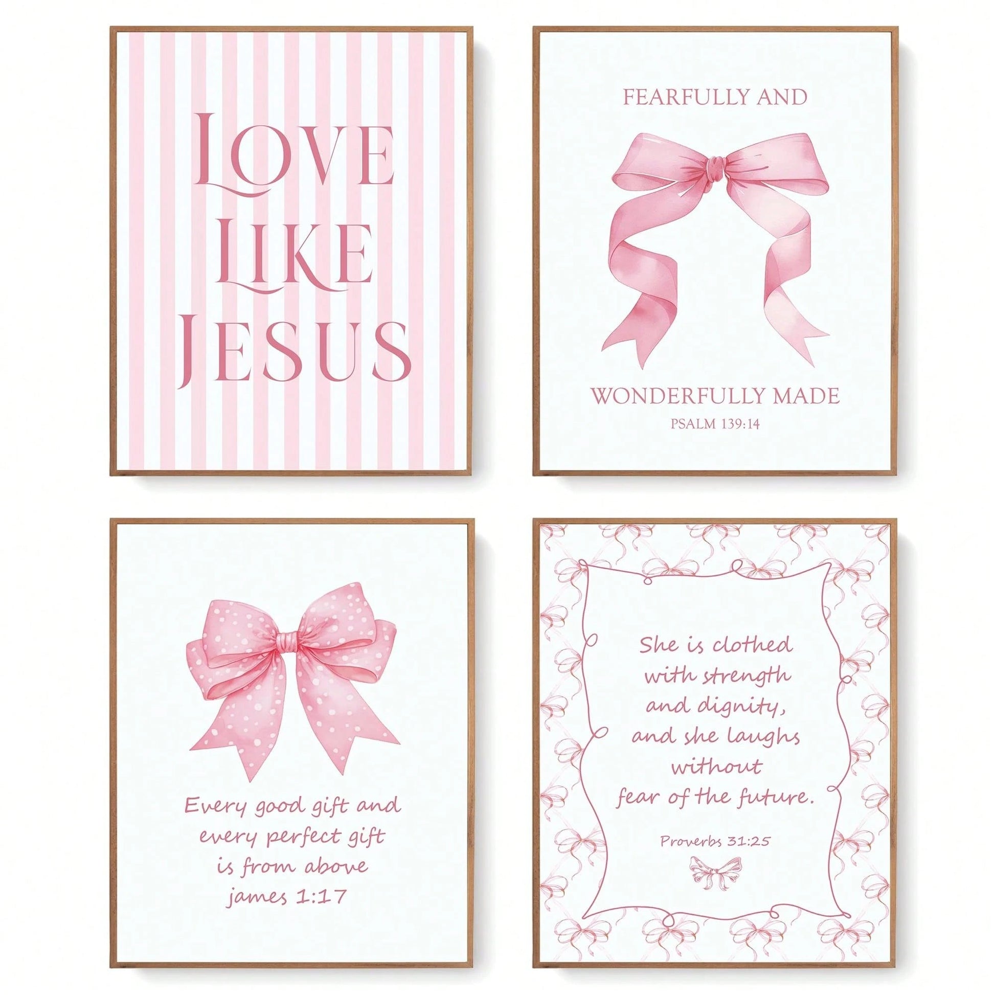 4-Piece Pink Bow Christian Room Bedroom Bathroom Dorm Wall Art Decor Aesthetic For Nursery Decor Watercolor Art Canvas Print Decorative Poster Suitable For Girl Bedrooms Living Rooms College Apartment