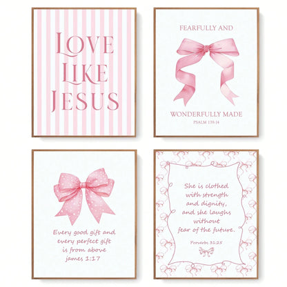 4-Piece Pink Bow Christian Room Bedroom Bathroom Dorm Wall Art Decor Aesthetic For Nursery Decor Watercolor Art Canvas Print Decorative Poster Suitable For Girl Bedrooms Living Rooms College Apartment