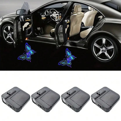4-Piece/Set Butterfly Car Door Welcome LED Projector- Battery Powered, Easy To Install, Car Decorative Light| Decorative 3D Blue Butterfly Door Sign Light