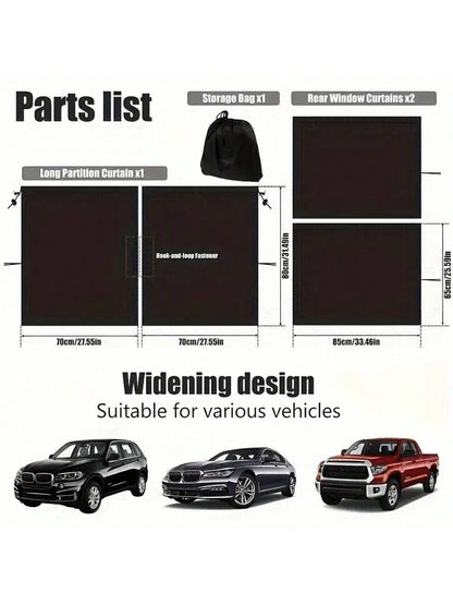 4-Piece Set, Universal Privacy Curtain Set Consisting Of 1 Partition Curtain, 2 Side Curtains And 1 Storage Bag- Travel, Camping And Sleeping Blackout Curtains- For Easy Installation And Maximum Pri