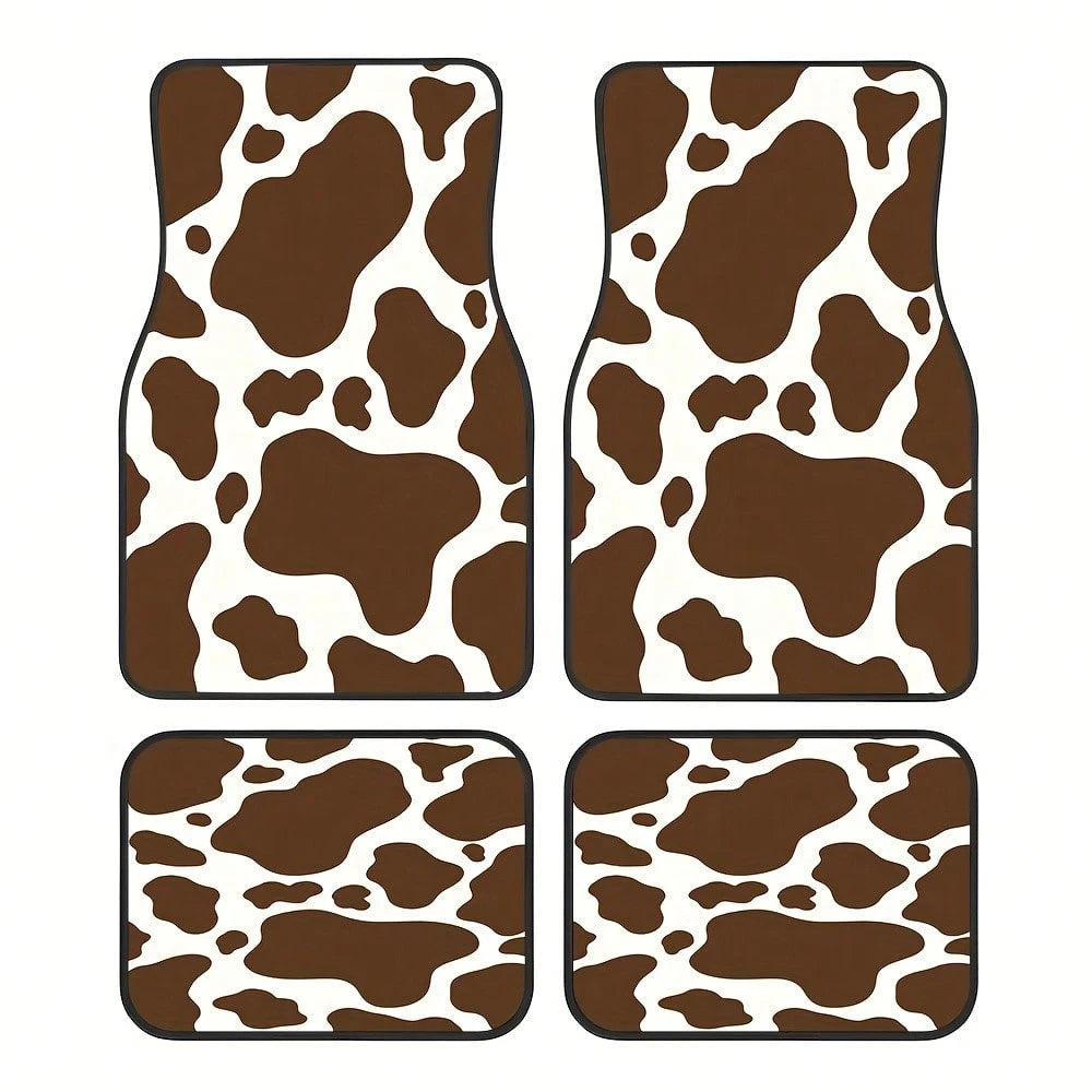 4 Pieces, Classic Retro Cow Print Style Car Rubber Mats, Universal Non-Slip Carpet, Easy To Clean, Pet-Friendly Car Interior Accessory, Made Of Synthetic Rubber, Suitable For Use In The Front And Rear