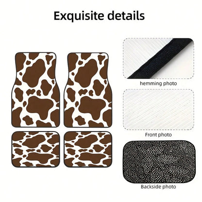 4 Pieces, Classic Retro Cow Print Style Car Rubber Mats, Universal Non-Slip Carpet, Easy To Clean, Pet-Friendly Car Interior Accessory, Made Of Synthetic Rubber, Suitable For Use In The Front And Rear