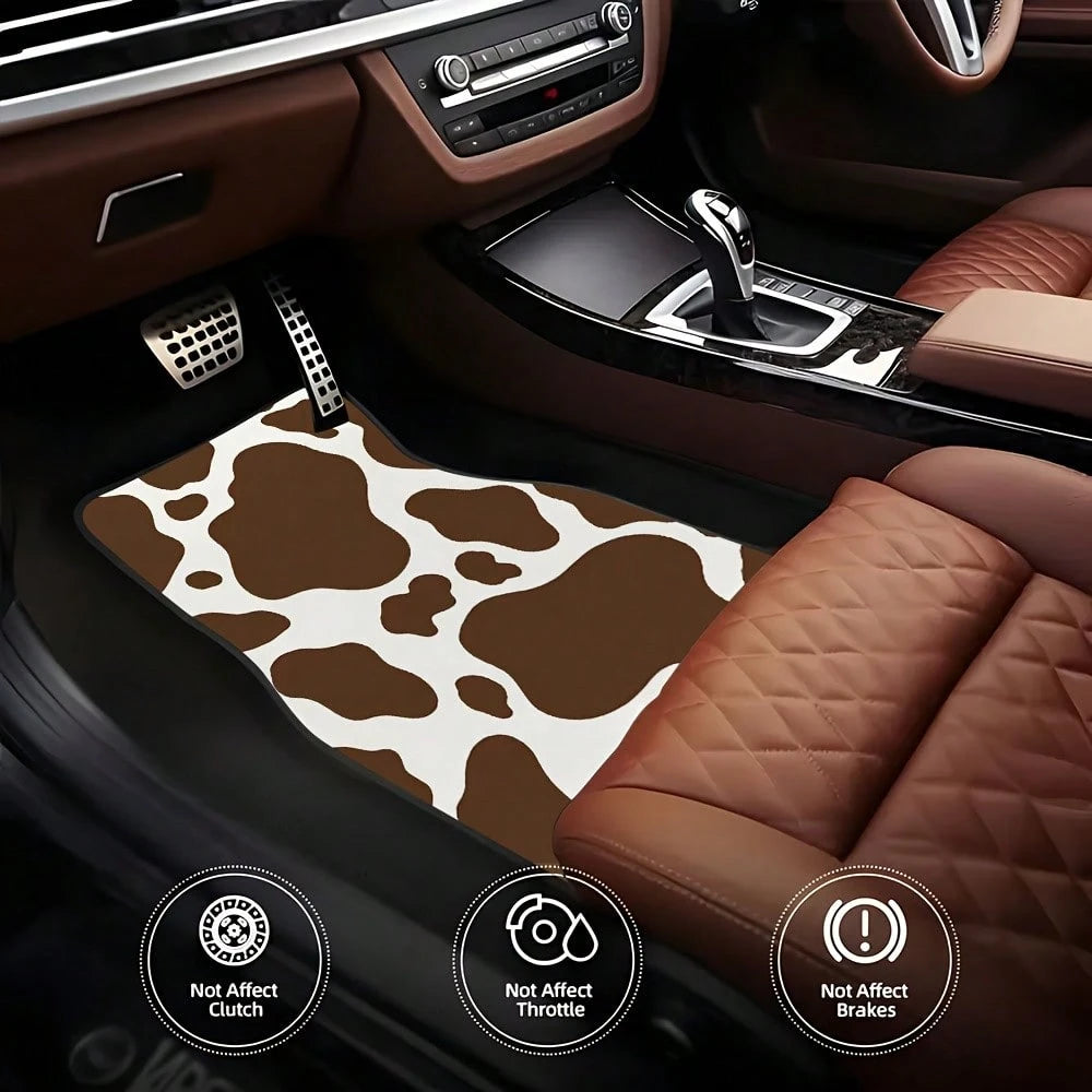 4 Pieces, Classic Retro Cow Print Style Car Rubber Mats, Universal Non-Slip Carpet, Easy To Clean, Pet-Friendly Car Interior Accessory, Made Of Synthetic Rubber, Suitable For Use In The Front And Rear
