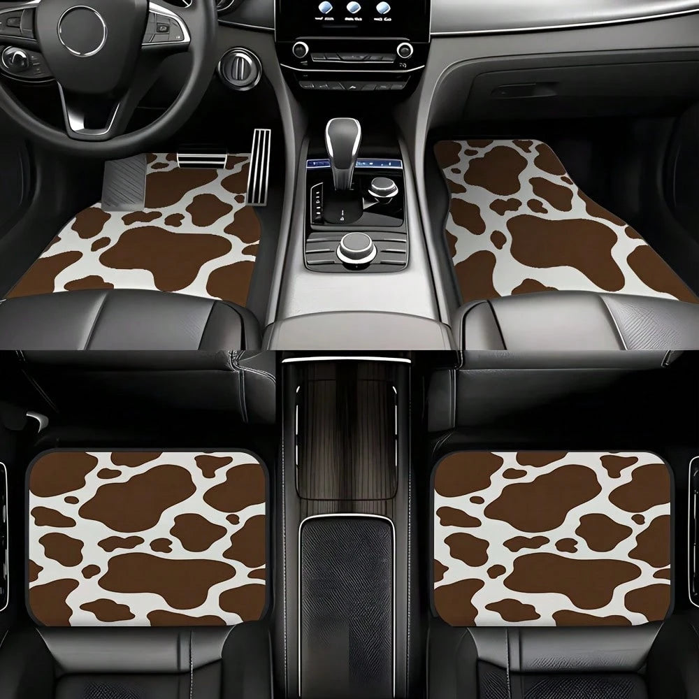 4 Pieces, Classic Retro Cow Print Style Car Rubber Mats, Universal Non-Slip Carpet, Easy To Clean, Pet-Friendly Car Interior Accessory, Made Of Synthetic Rubber, Suitable For Use In The Front And Rear