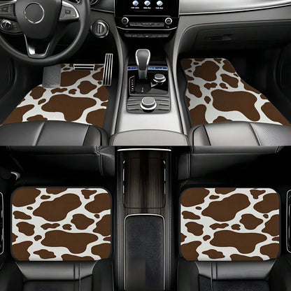 4 Pieces, Classic Retro Cow Print Style Car Rubber Mats, Universal Non-Slip Carpet, Easy To Clean, Pet-Friendly Car Interior Accessory, Made Of Synthetic Rubber, Suitable For Use In The Front And Rear