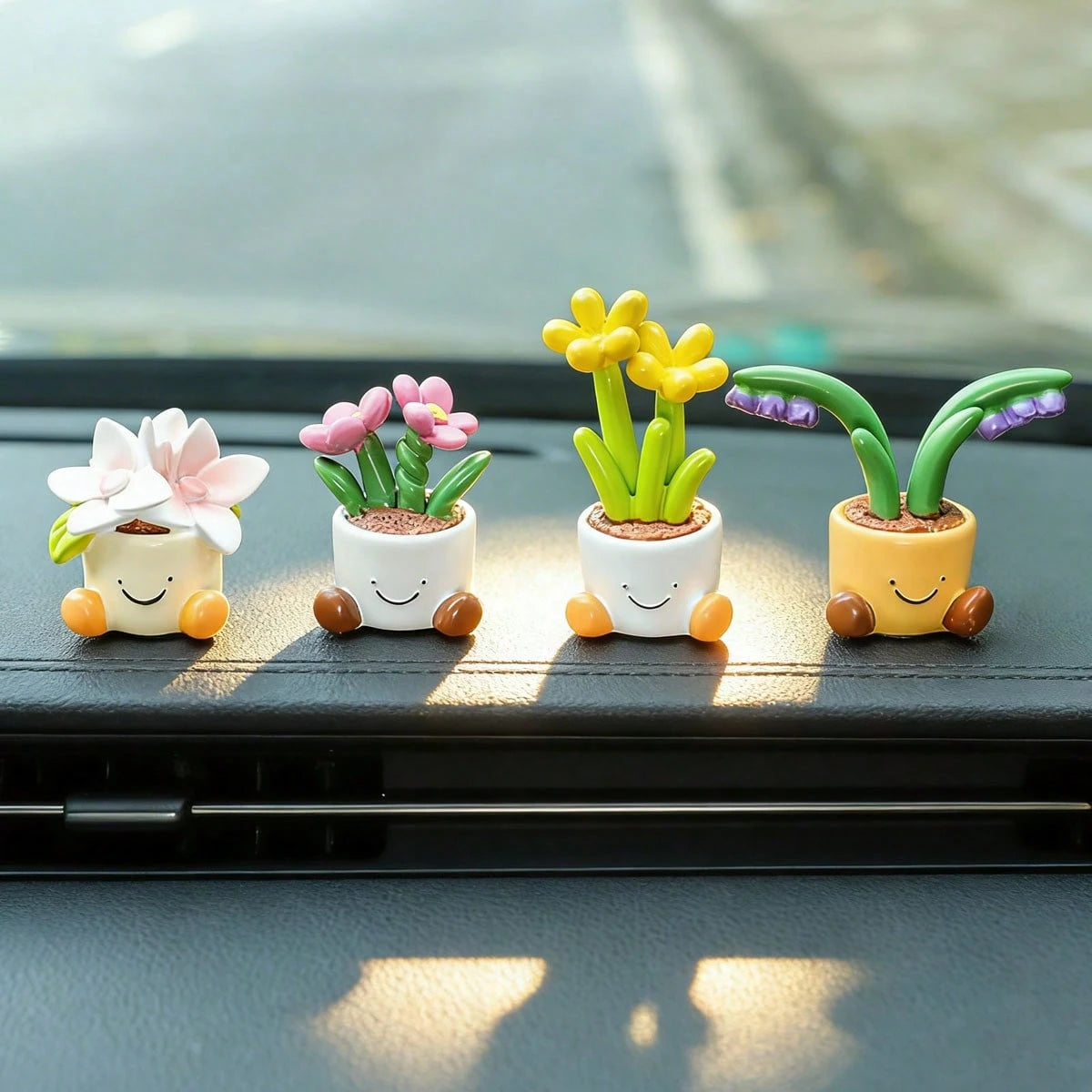4 Styles Cartoon Potted Plant Car Decor, Slip-Resistant Base Design, Dual Use For Car Interior & Desktop, Universal Fit