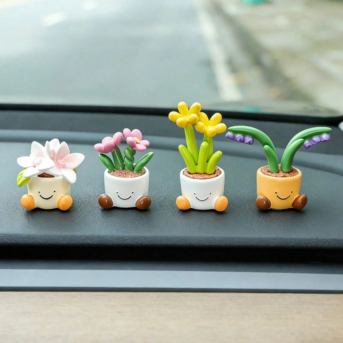 4 Styles Cartoon Potted Plant Car Decor, Slip-Resistant Base Design, Dual Use For Car Interior & Desktop, Universal Fit