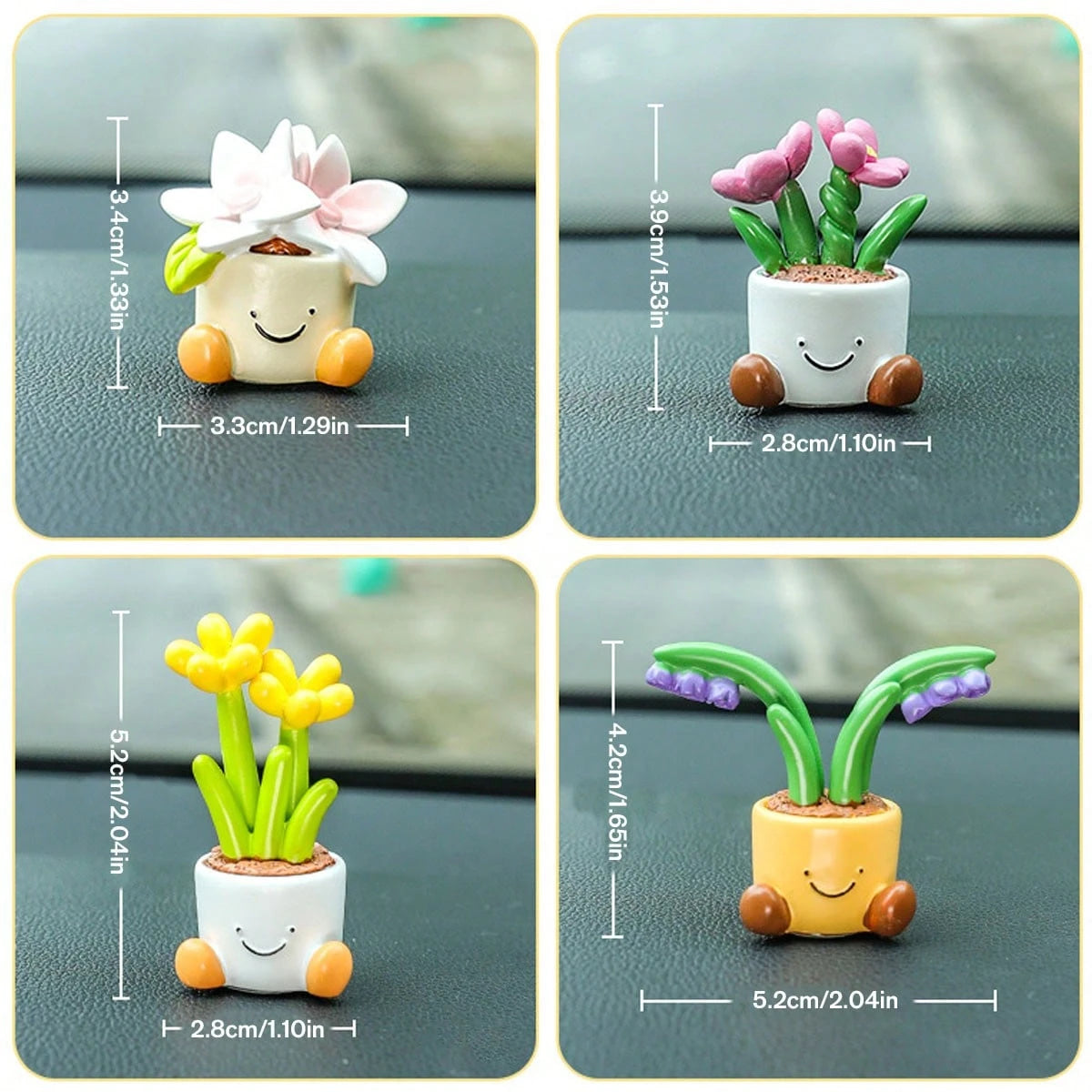 4 Styles Cartoon Potted Plant Car Decor, Slip-Resistant Base Design, Dual Use For Car Interior & Desktop, Universal Fit