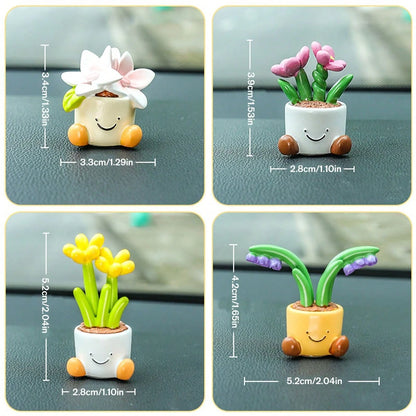4 Styles Cartoon Potted Plant Car Decor, Slip-Resistant Base Design, Dual Use For Car Interior & Desktop, Universal Fit