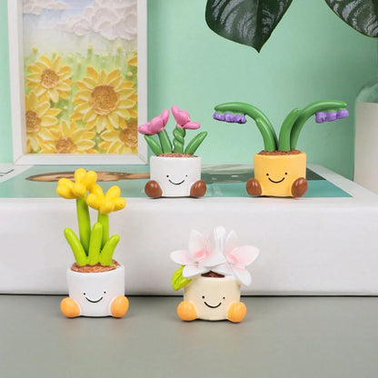4 Styles Cartoon Potted Plant Car Decor, Slip-Resistant Base Design, Dual Use For Car Interior & Desktop, Universal Fit