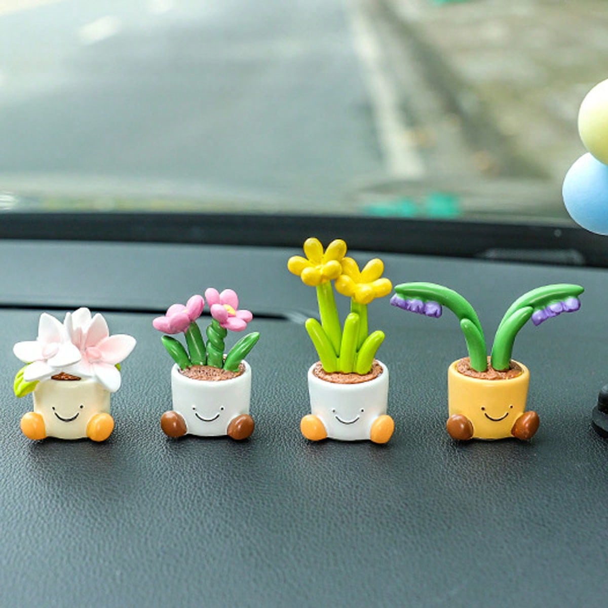 4 Styles Cartoon Potted Plant Car Decor, Slip-Resistant Base Design, Dual Use For Car Interior & Desktop, Universal Fit