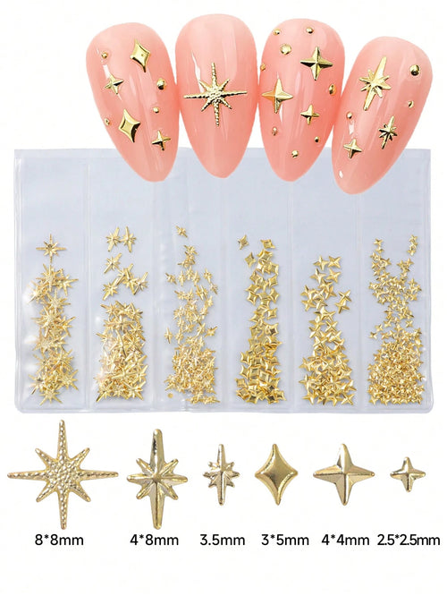 400Pcs 3D Star Nail Art Charms Set Golden&Silver Star Hexagram Rivets Studs For Diy Manicure 3D Metal Nail Decorations For Women Nail Tip Accessories Nail Supplies Nails Nail Gems