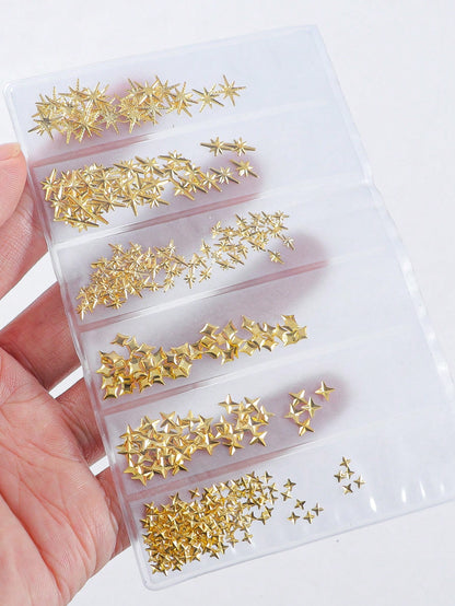 400Pcs 3D Star Nail Art Charms Set Golden&Silver Star Hexagram Rivets Studs For Diy Manicure 3D Metal Nail Decorations For Women Nail Tip Accessories Nail Supplies Nails Nail Gems