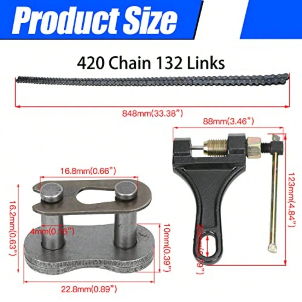 420 Motorcycle Chain 132 Links For Pit Dirt Bike 50cc 70 90 110 125cc SSR TaoTao Coolster Apollo Baja Kazuma ATV 212cc Mini Bike Go Kart 4 Wheeler Quad Powersports Parts W/Chain Breaker