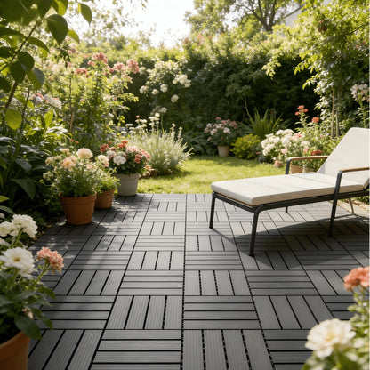 44-Piece/61-Piece Interlocking Plastic Deck Tile Set (12x12 Inches) – DIY Quick-Install Outdoor Flooring Solution (Grey/Brown Options) – Suitable For Patios, Balconies, Gardens, Backyards, Poolside, G