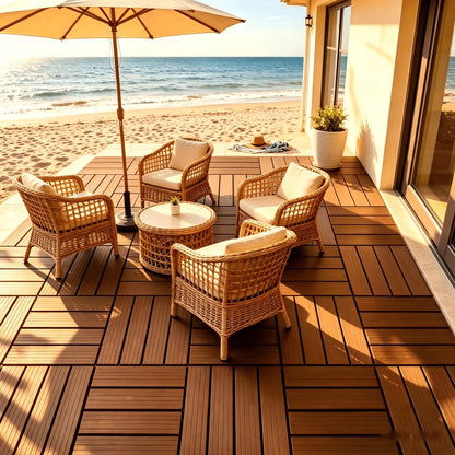 44-Piece/61-Piece Interlocking Plastic Deck Tile Set (12x12 Inches) – DIY Quick-Install Outdoor Flooring Solution (Grey/Brown Options) – Suitable For Patios, Balconies, Gardens, Backyards, Poolside, G