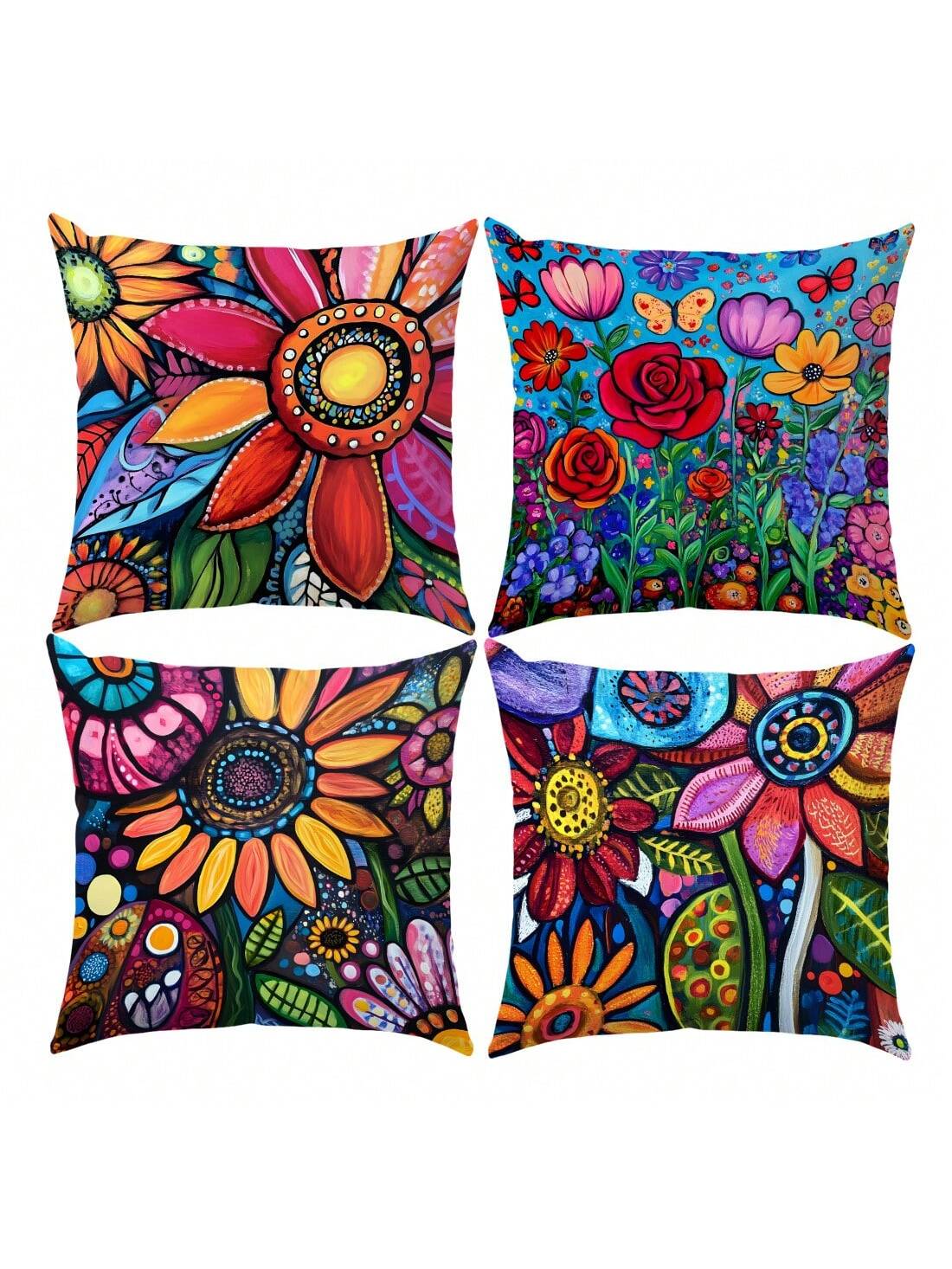4pcs 17.7*17.7in(45*45cm)/19.69*19.69in(50*50cm)/15.75*15.75in(40*40cm) Bohemian Colorful Abstract Floral Print Pillow Covers [Single-Sided Printing] Polyester Home Decor Cushion Covers For Sofa, Bed