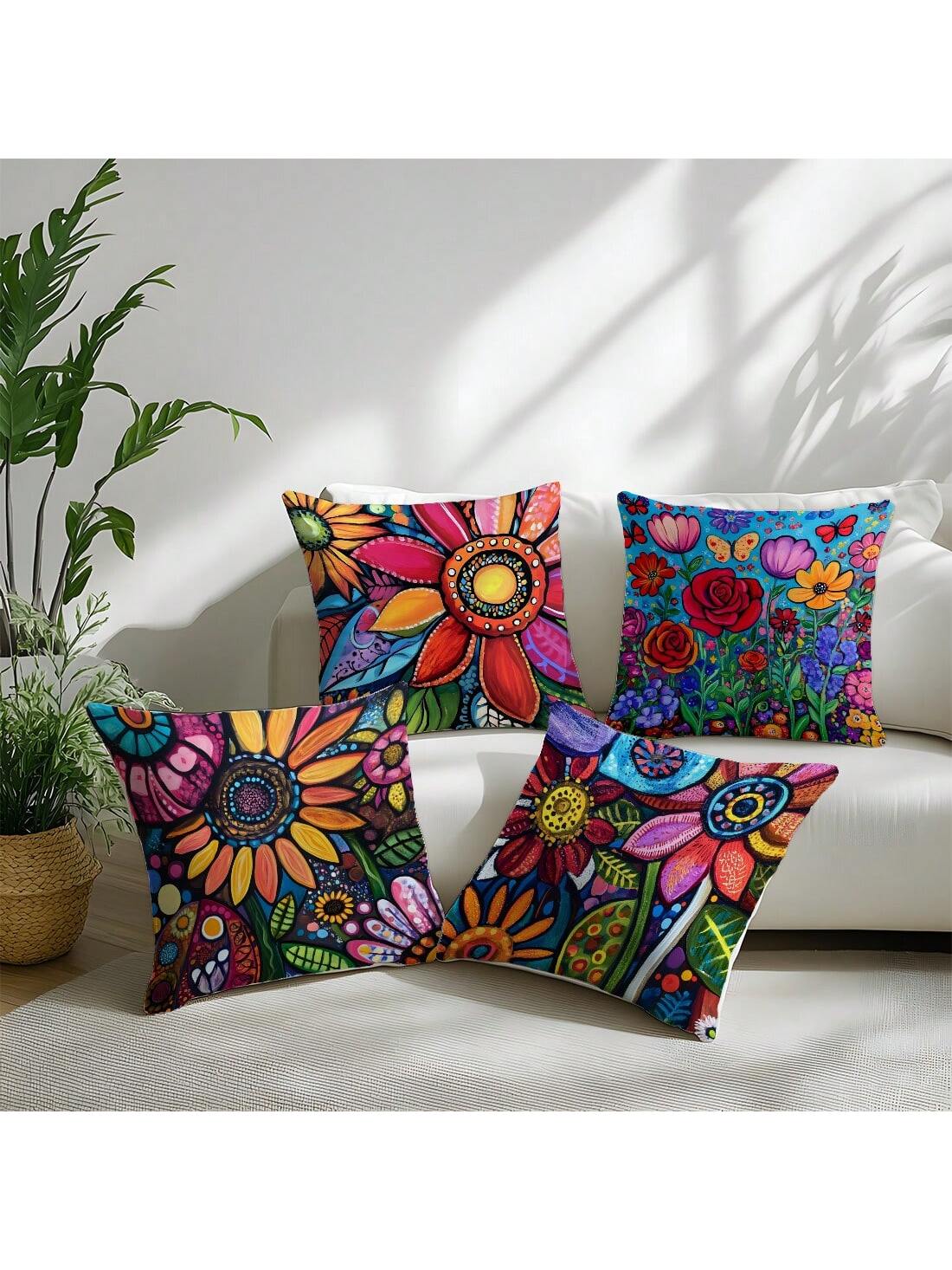 4pcs 17.7*17.7in(45*45cm)/19.69*19.69in(50*50cm)/15.75*15.75in(40*40cm) Bohemian Colorful Abstract Floral Print Pillow Covers [Single-Sided Printing] Polyester Home Decor Cushion Covers For Sofa, Bed