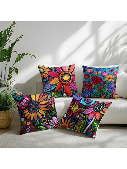 4pcs 17.7*17.7in(45*45cm)/19.69*19.69in(50*50cm)/15.75*15.75in(40*40cm) Bohemian Colorful Abstract Floral Print Pillow Covers [Single-Sided Printing] Polyester Home Decor Cushion Covers For Sofa, Bed
