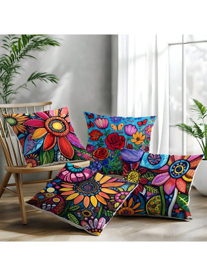 4pcs 17.7*17.7in(45*45cm)/19.69*19.69in(50*50cm)/15.75*15.75in(40*40cm) Bohemian Colorful Abstract Floral Print Pillow Covers [Single-Sided Printing] Polyester Home Decor Cushion Covers For Sofa, Bed