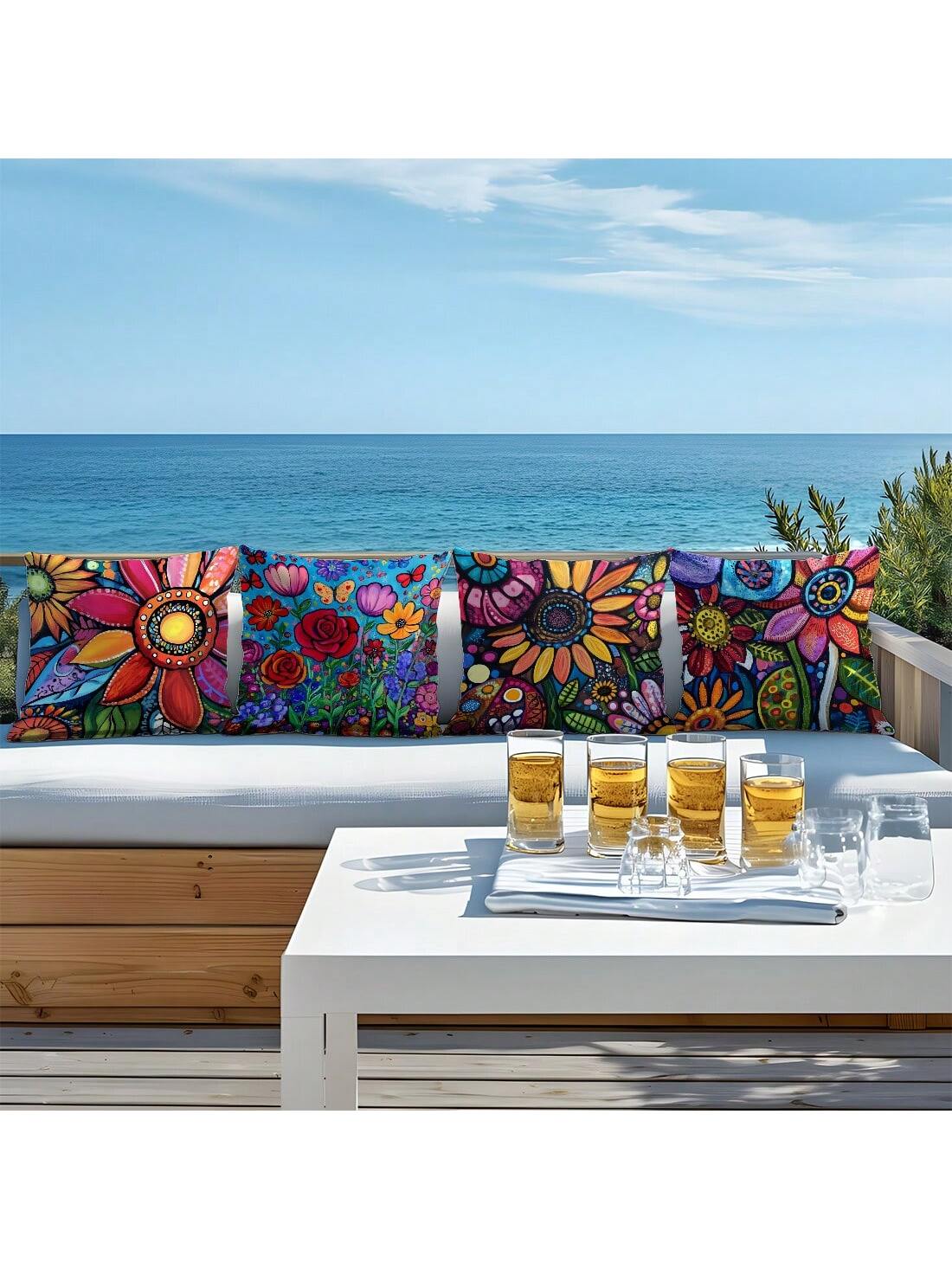 4pcs 17.7*17.7in(45*45cm)/19.69*19.69in(50*50cm)/15.75*15.75in(40*40cm) Bohemian Colorful Abstract Floral Print Pillow Covers [Single-Sided Printing] Polyester Home Decor Cushion Covers For Sofa, Bed
