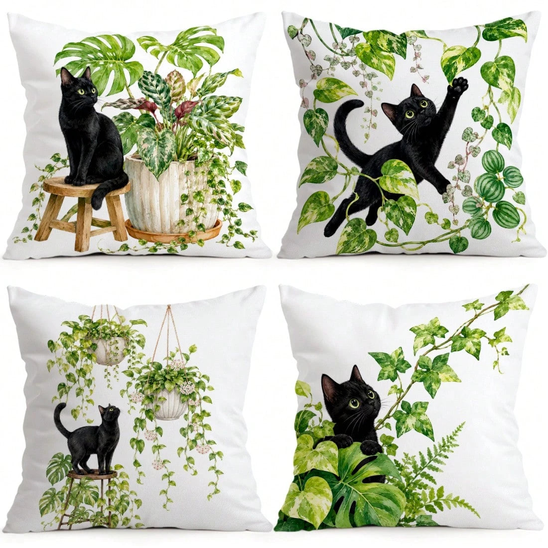 4pcs/1pc Black Cat & Green Plant Pattern Pillow Covers, Single-Sided Printed Pillow Covers, Suitable For Living Room, Bedroom, Home Decor, All Season Pillow Covers