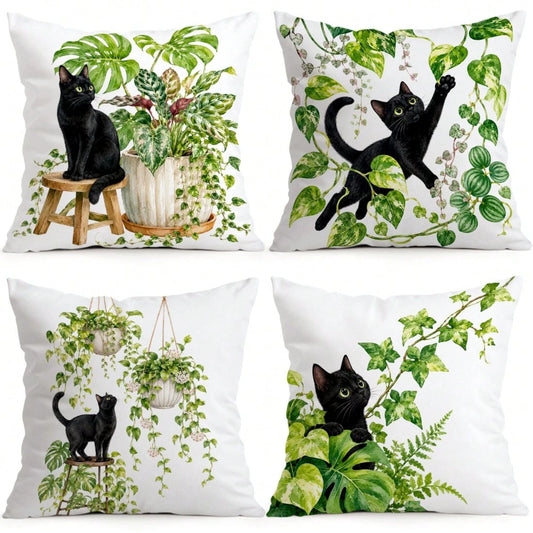 4pcs/1pc Black Cat & Green Plant Pattern Pillow Covers, Single-Sided Printed Pillow Covers, Suitable For Living Room, Bedroom, Home Decor, All Season Pillow Covers