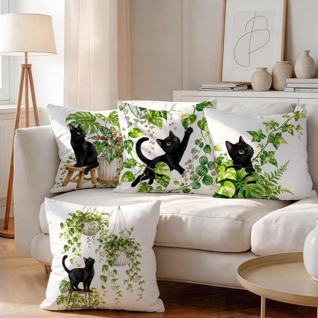 4pcs/1pc Black Cat & Green Plant Pattern Pillow Covers, Single-Sided Printed Pillow Covers, Suitable For Living Room, Bedroom, Home Decor, All Season Pillow Covers