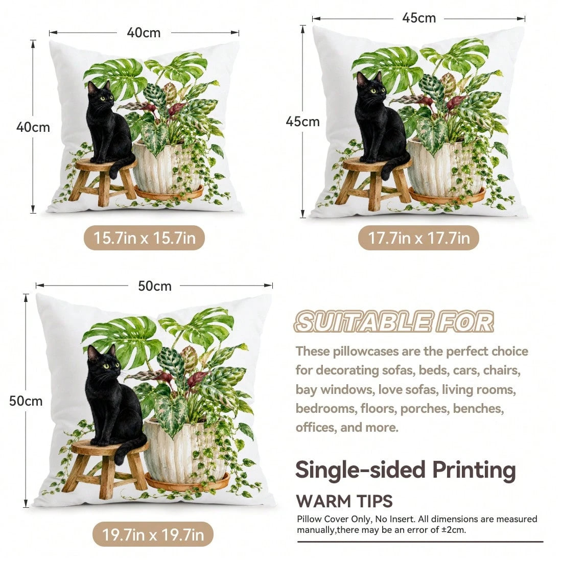 4pcs/1pc Black Cat & Green Plant Pattern Pillow Covers, Single-Sided Printed Pillow Covers, Suitable For Living Room, Bedroom, Home Decor, All Season Pillow Covers