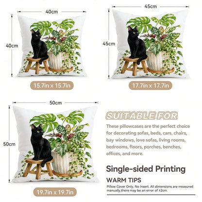 4pcs/1pc Black Cat & Green Plant Pattern Pillow Covers, Single-Sided Printed Pillow Covers, Suitable For Living Room, Bedroom, Home Decor, All Season Pillow Covers