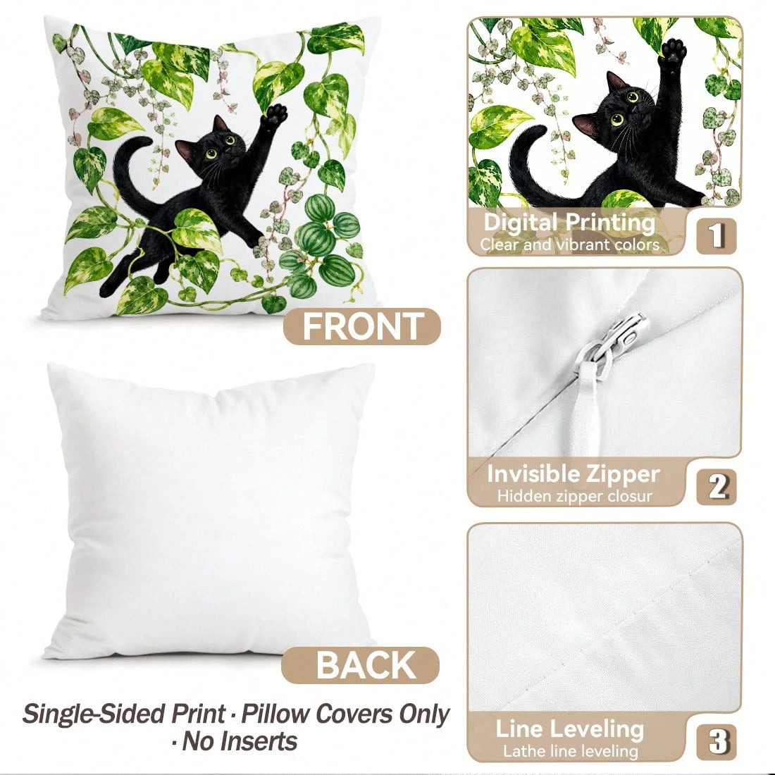 4pcs/1pc Black Cat & Green Plant Pattern Pillow Covers, Single-Sided Printed Pillow Covers, Suitable For Living Room, Bedroom, Home Decor, All Season Pillow Covers