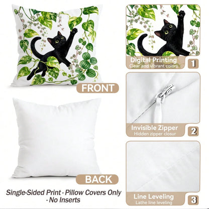 4pcs/1pc Black Cat & Green Plant Pattern Pillow Covers, Single-Sided Printed Pillow Covers, Suitable For Living Room, Bedroom, Home Decor, All Season Pillow Covers