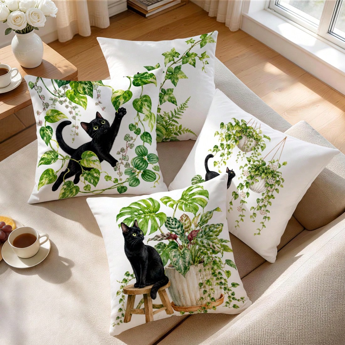 4pcs/1pc Black Cat & Green Plant Pattern Pillow Covers, Single-Sided Printed Pillow Covers, Suitable For Living Room, Bedroom, Home Decor, All Season Pillow Covers