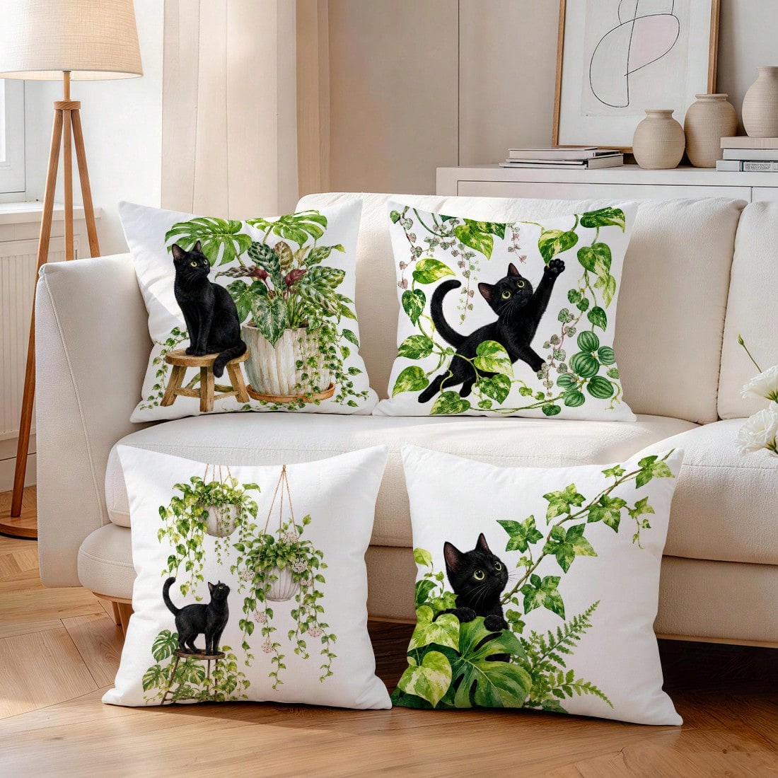 4pcs/1pc Black Cat & Green Plant Pattern Pillow Covers, Single-Sided Printed Pillow Covers, Suitable For Living Room, Bedroom, Home Decor, All Season Pillow Covers