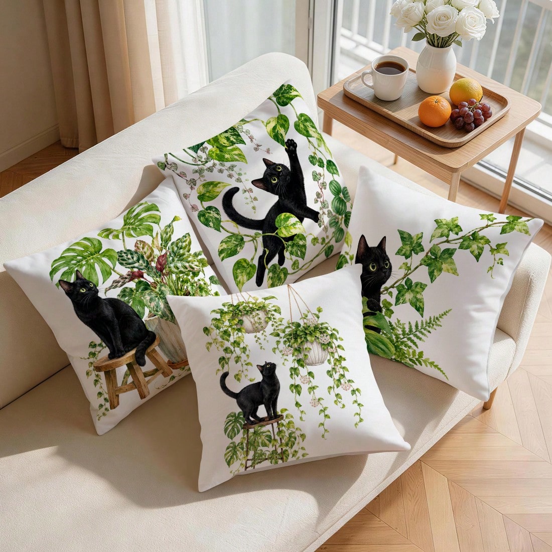 4pcs/1pc Black Cat & Green Plant Pattern Pillow Covers, Single-Sided Printed Pillow Covers, Suitable For Living Room, Bedroom, Home Decor, All Season Pillow Covers