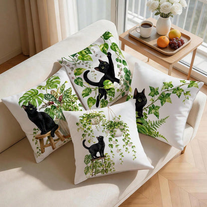 4pcs/1pc Black Cat & Green Plant Pattern Pillow Covers, Single-Sided Printed Pillow Covers, Suitable For Living Room, Bedroom, Home Decor, All Season Pillow Covers