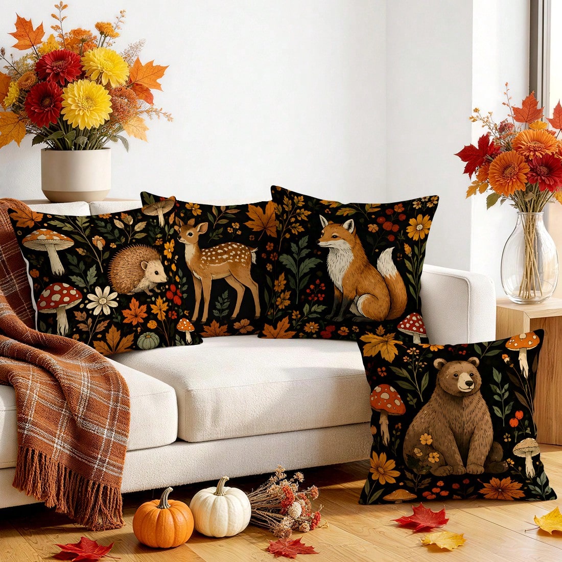 4pcs/1pc Dark Forest Animal Pattern Pillow Covers, Single-Sided Printed Pillow Covers, Suitable For Living Room, Bedroom, Home Decor, All Season Pillow Covers