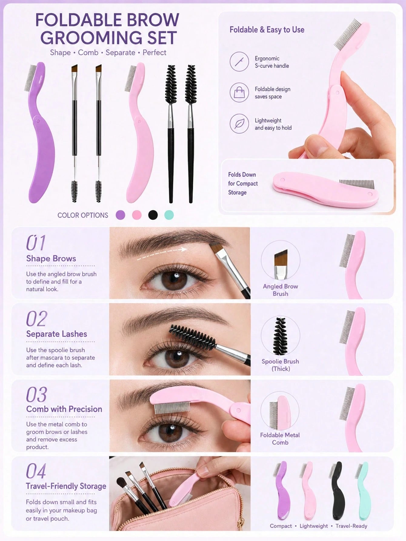 4pcs/3pcs/1pc Double-Ended Foldable Eyebrow Brush, Portable Mini Eyelash & Eyebrow Grooming Tool, Eyebrow Comb For Shaping Without Eye Irritation, Foldable Brow Comb Compact & Easy To Store, Portable