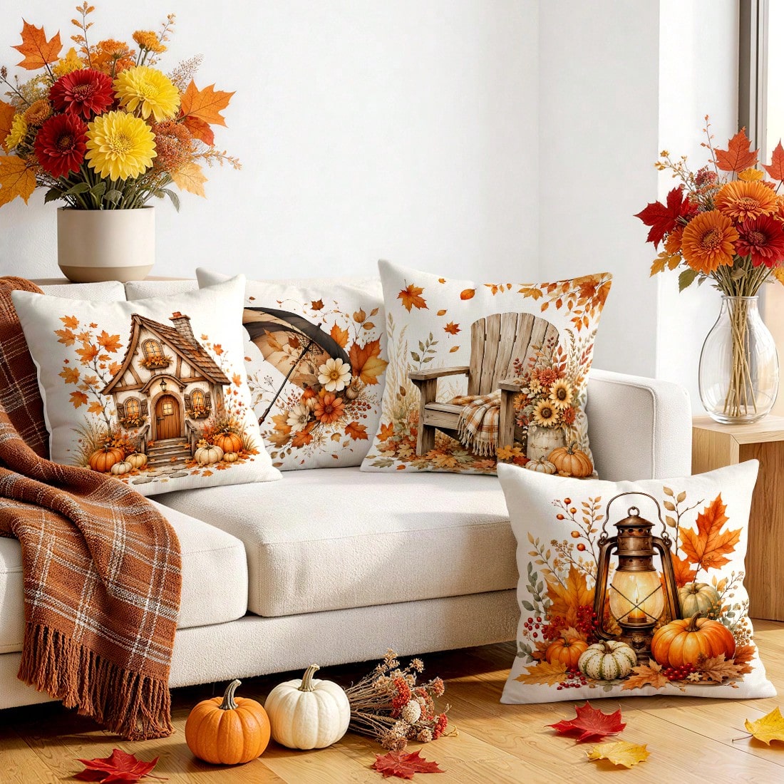 4pcs Autumn Harvest Theme Pillow Covers Without Inserts, Single-Sided Printed Pillow Covers, Suitable For Living Room Bedroom Home Decor, All-Season Pillow Covers