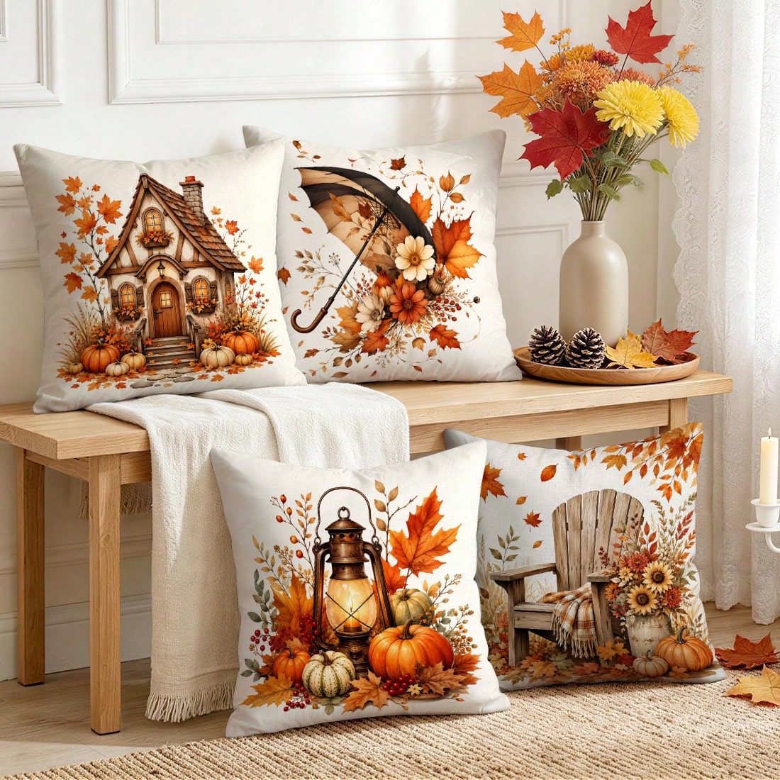 4pcs Autumn Harvest Theme Pillow Covers Without Inserts, Single-Sided Printed Pillow Covers, Suitable For Living Room Bedroom Home Decor, All-Season Pillow Covers