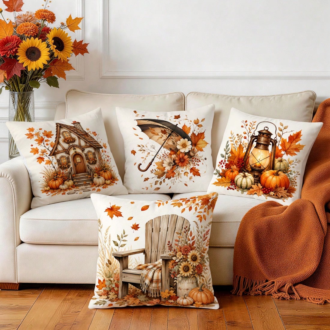 4pcs Autumn Harvest Theme Pillow Covers Without Inserts, Single-Sided Printed Pillow Covers, Suitable For Living Room Bedroom Home Decor, All-Season Pillow Covers