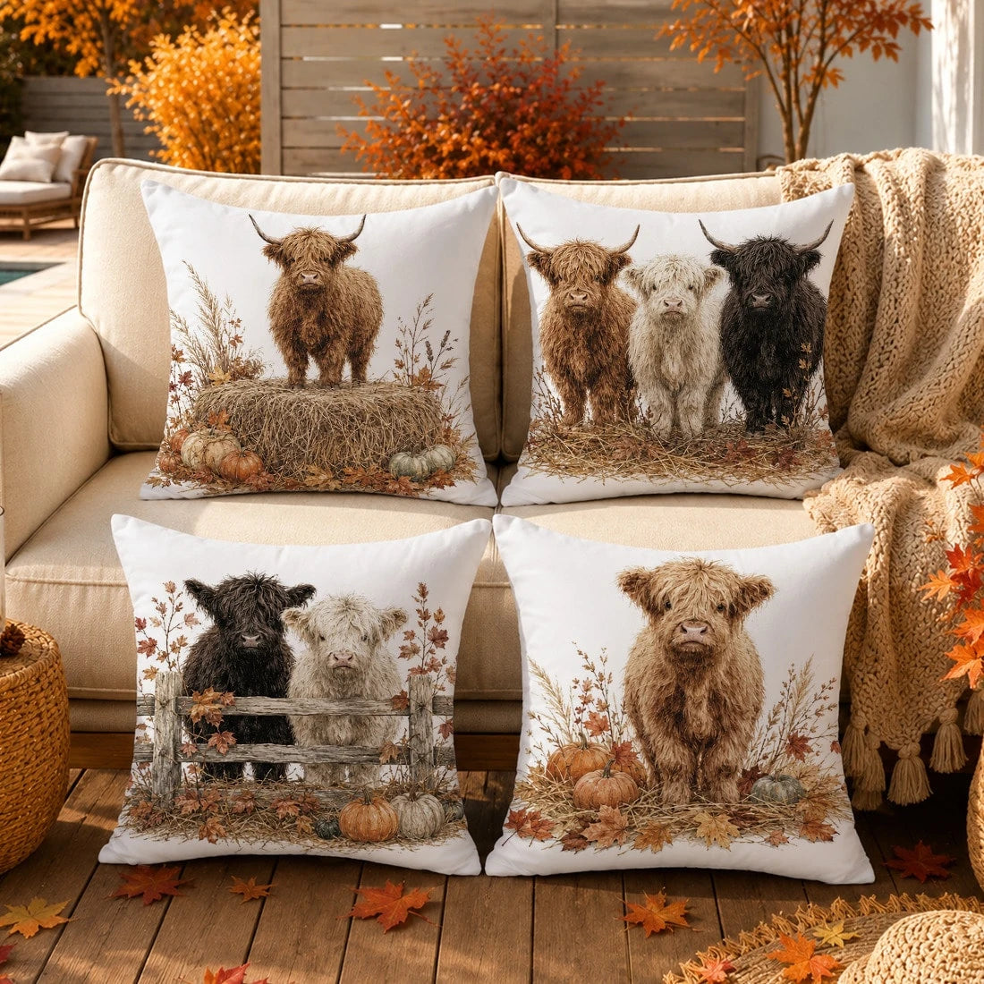 4pcs Autumn Highland Cow & Pumpkin Pattern Cushion Covers, Single-Sided Printed Skin-Friendly Peach Skin Velvet Material, 45*45CM Throw Pillow Covers Suitable For Room Decor, Indoor Sofa Living Room D