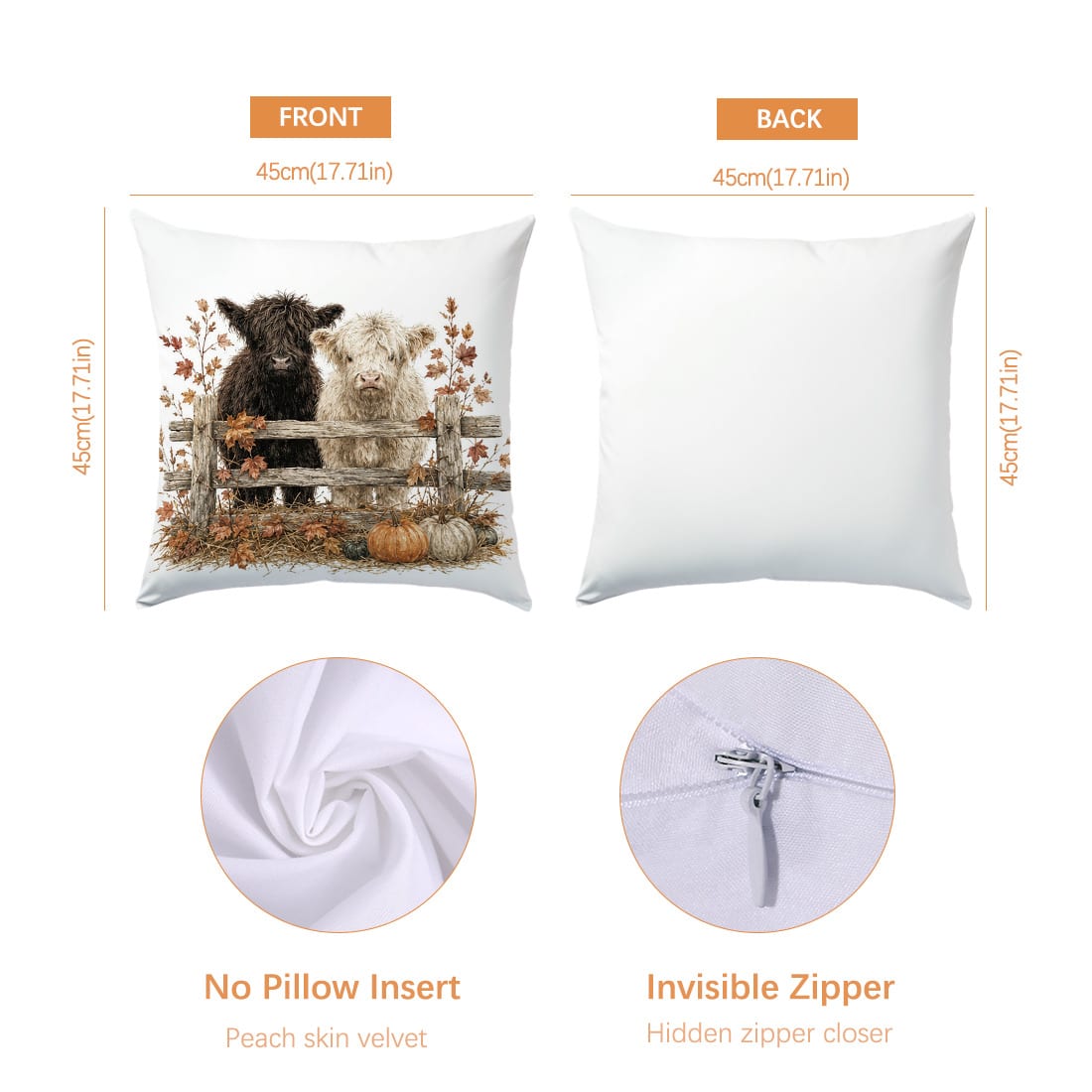 4pcs Autumn Highland Cow & Pumpkin Pattern Cushion Covers, Single-Sided Printed Skin-Friendly Peach Skin Velvet Material, 45*45CM Throw Pillow Covers Suitable For Room Decor, Indoor Sofa Living Room D