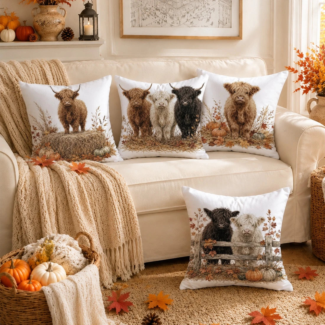 4pcs Autumn Highland Cow & Pumpkin Pattern Cushion Covers, Single-Sided Printed Skin-Friendly Peach Skin Velvet Material, 45*45CM Throw Pillow Covers Suitable For Room Decor, Indoor Sofa Living Room D