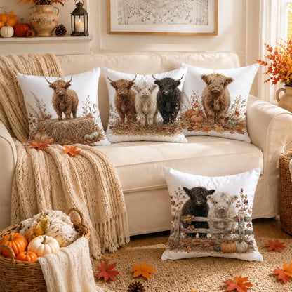 4pcs Autumn Highland Cow & Pumpkin Pattern Cushion Covers, Single-Sided Printed Skin-Friendly Peach Skin Velvet Material, 45*45CM Throw Pillow Covers Suitable For Room Decor, Indoor Sofa Living Room D