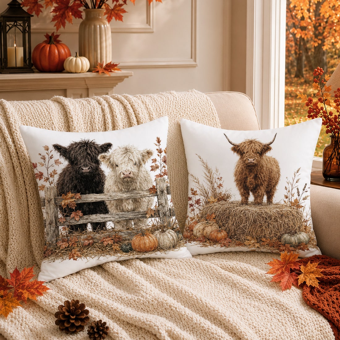 4pcs Autumn Highland Cow & Pumpkin Pattern Cushion Covers, Single-Sided Printed Skin-Friendly Peach Skin Velvet Material, 45*45CM Throw Pillow Covers Suitable For Room Decor, Indoor Sofa Living Room D