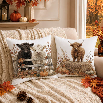 4pcs Autumn Highland Cow & Pumpkin Pattern Cushion Covers, Single-Sided Printed Skin-Friendly Peach Skin Velvet Material, 45*45CM Throw Pillow Covers Suitable For Room Decor, Indoor Sofa Living Room D